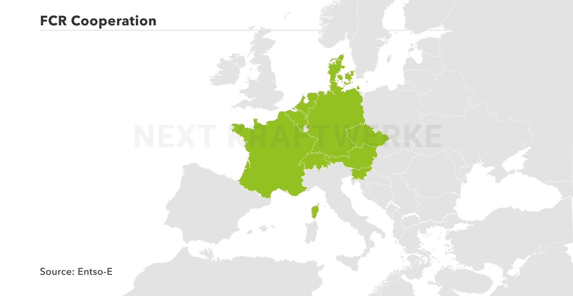 Map of European countries which have a fcr market cooperation and harmonized balancing energy provision.