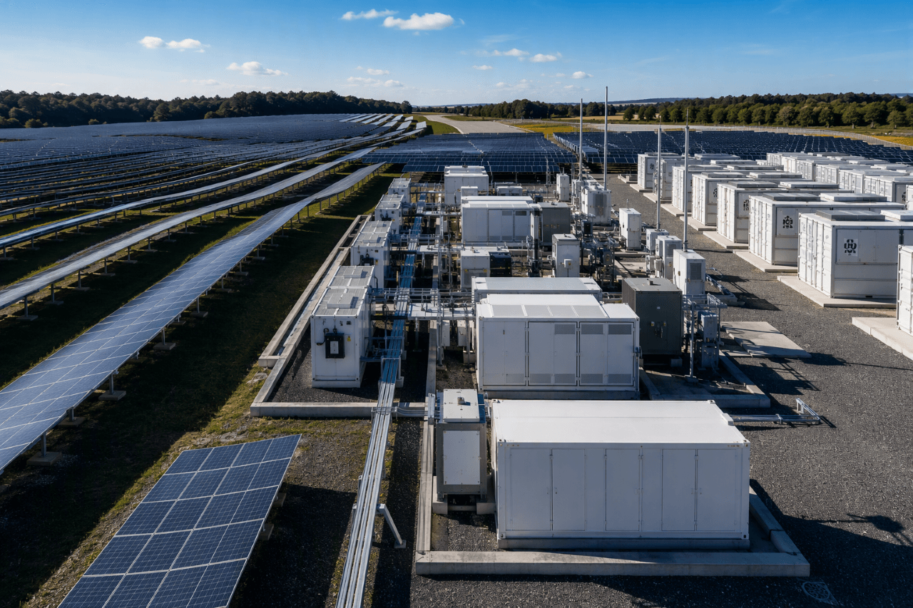 Colocation-Anlagen bestehen aus PV-Modulen, Wechselrichtern und Transformatoren sowie Batteriespeichern (KI-generiert)