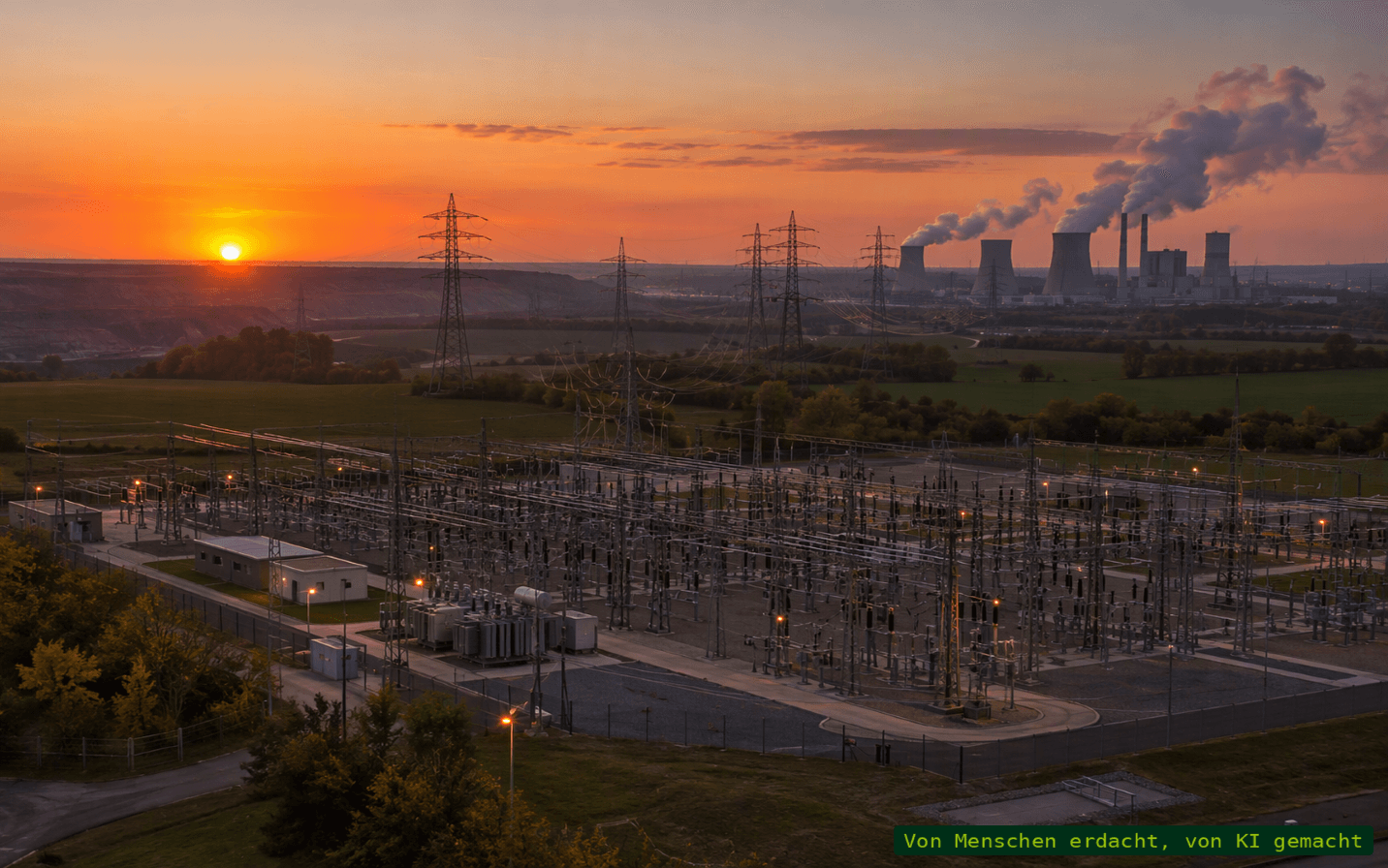 KI-generiertes Symbolbild Umspannwerk vor Braunkohlemeiler im Sonnenuntergang_mit KI-Hinweis_1432x896.png